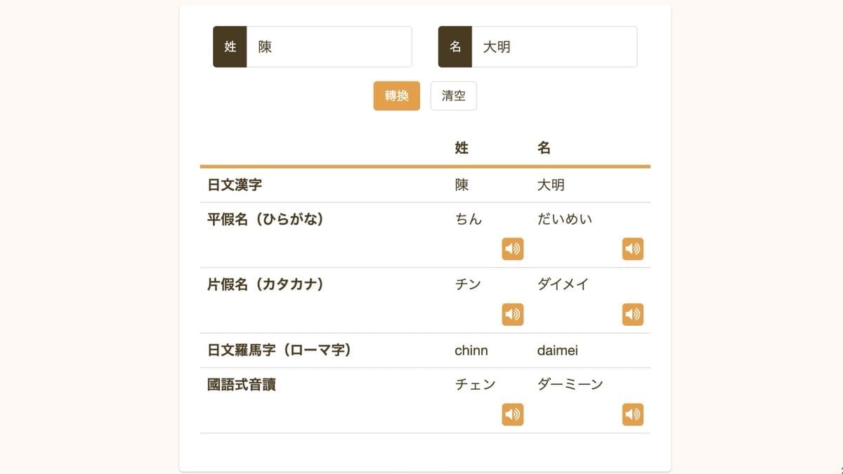 Name 變換君把中文名字轉換成日文片假名的畫面