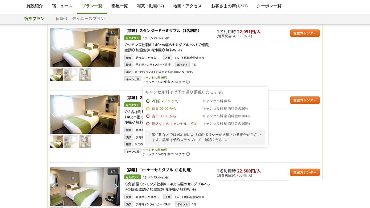 樂天的取消費用表（日文）