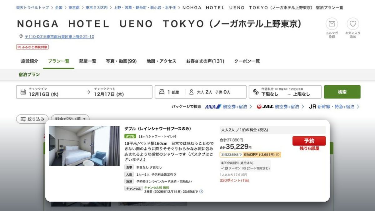 NOHGA HOTEL UENO TOKYO 的日本樂天旅遊價格(2026年10月20日查詢)