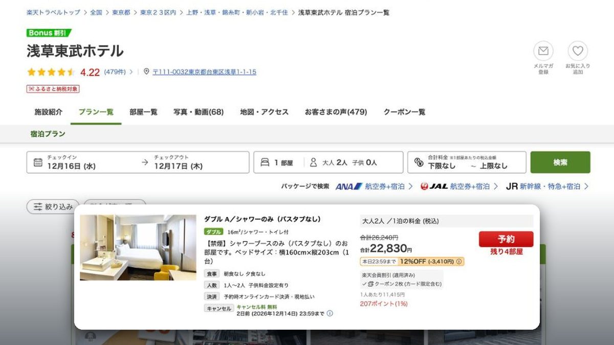 淺草東武飯店 的日本樂天旅遊價格(2026年10月20日查詢)
