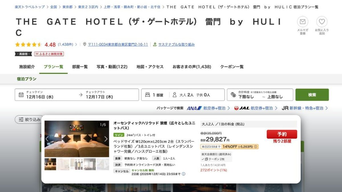 THE GATE HOTEL 雷門 by HULIC 的日本樂天旅遊價格(2026年10月20日查詢)