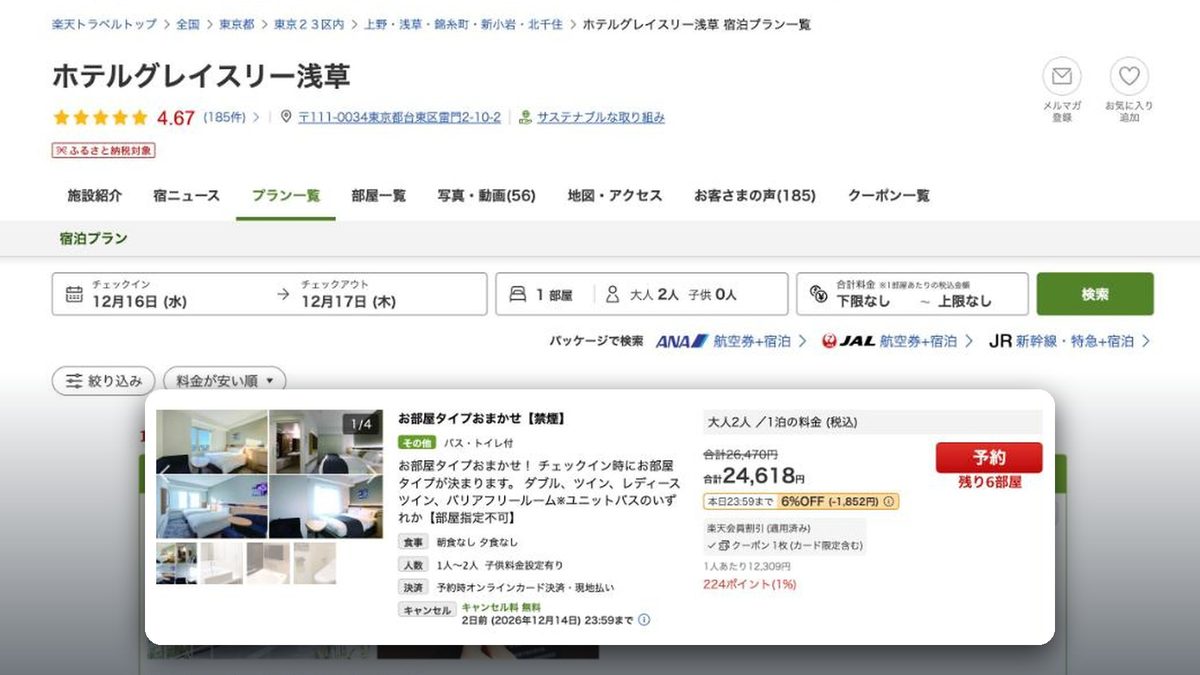 淺草格拉斯麗飯店 的日本樂天旅遊價格(2026年10月20日查詢)