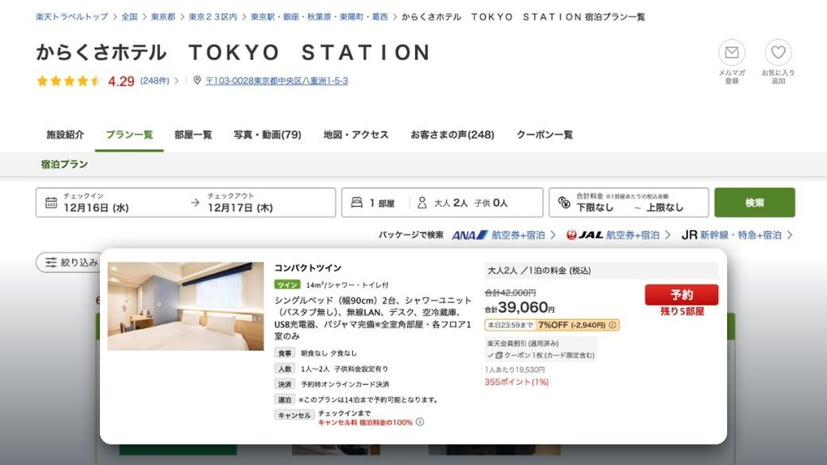 唐草飯店東京站 的日本樂天旅遊價格(2026年10月20日查詢)