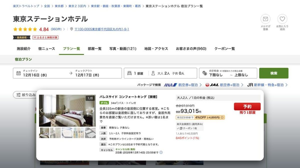 東京車站飯店 的日本樂天旅遊價格(2026年10月20日查詢)