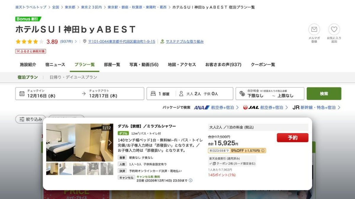 HOTEL SUI神田 by ABEST 的日本樂天旅遊價格(2026年10月20日查詢)