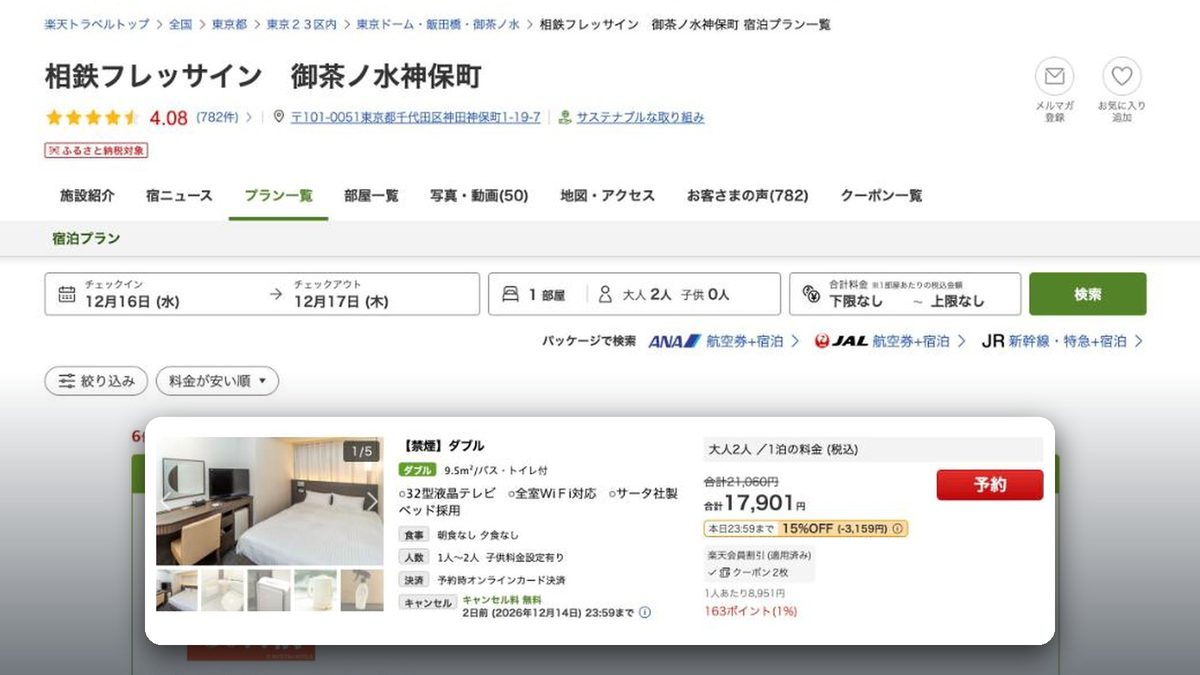 相鐵FRESA INN 御茶之水神保町 的日本樂天旅遊價格(2026年10月20日查詢)