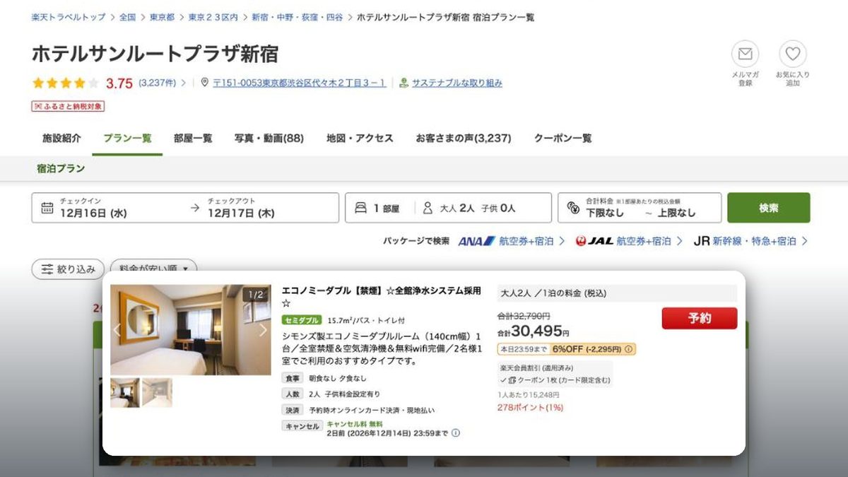 新宿燦路都廣場大飯店 的日本樂天旅遊價格(2026年10月20日查詢)
