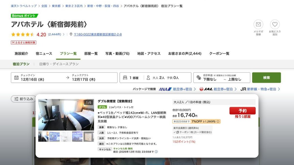 APA飯店 新宿御苑前 的日本樂天旅遊價格(2026年10月20日查詢)