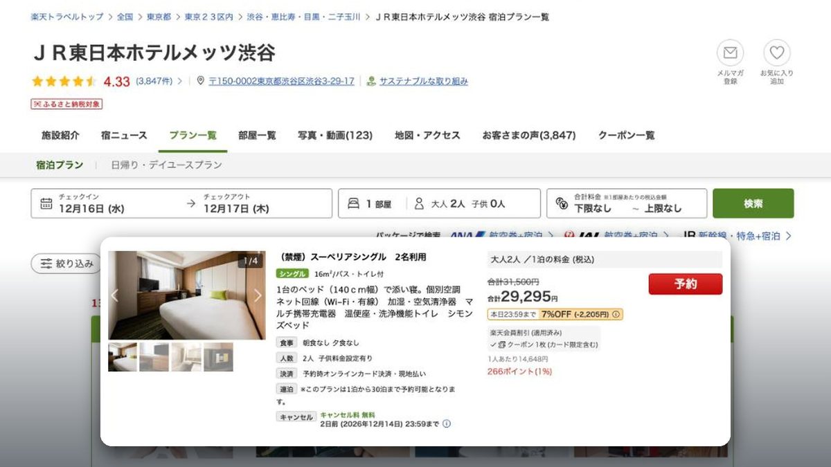JR東日本METS飯店 澀谷 的日本樂天旅遊價格(2026年10月20日查詢)