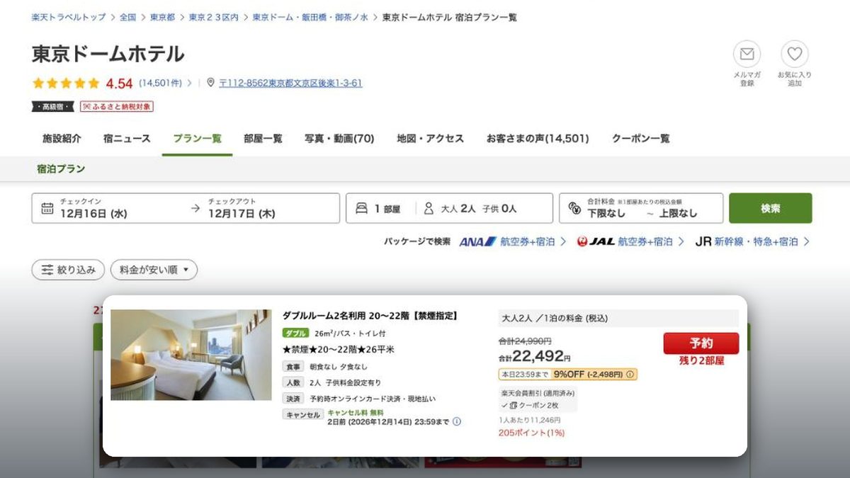東京巨蛋飯店 的日本樂天旅遊價格(2026年10月20日查詢)