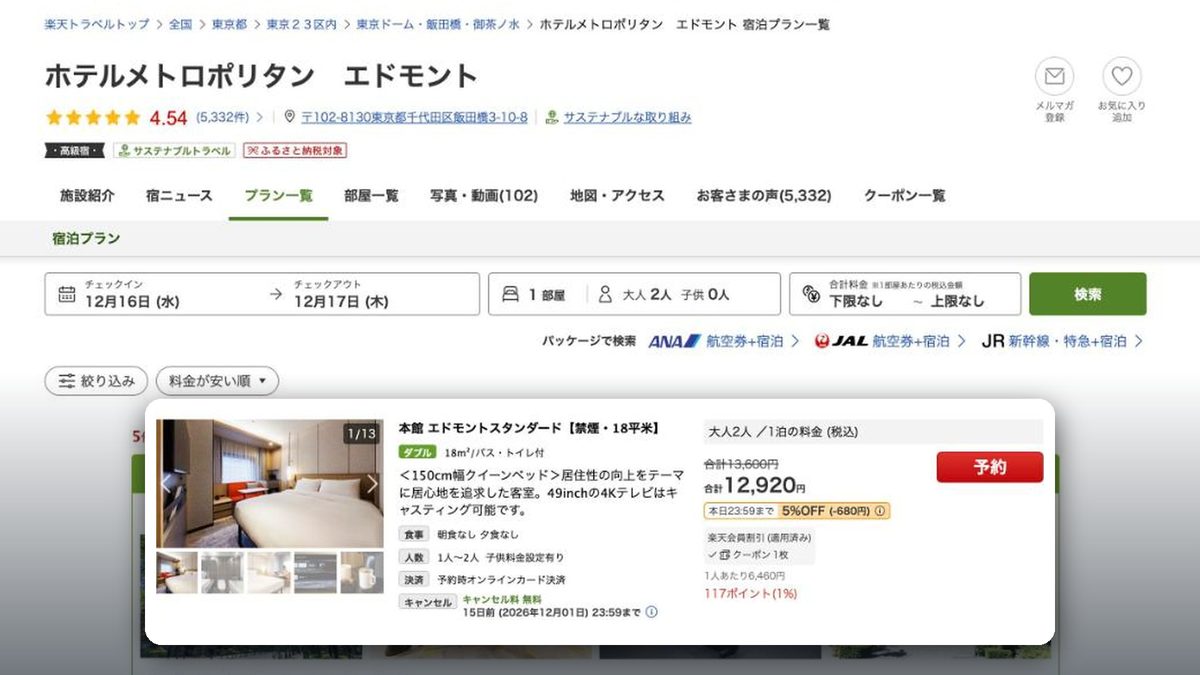 大都會埃德蒙特飯店 的日本樂天旅遊價格(2026年10月20日查詢)