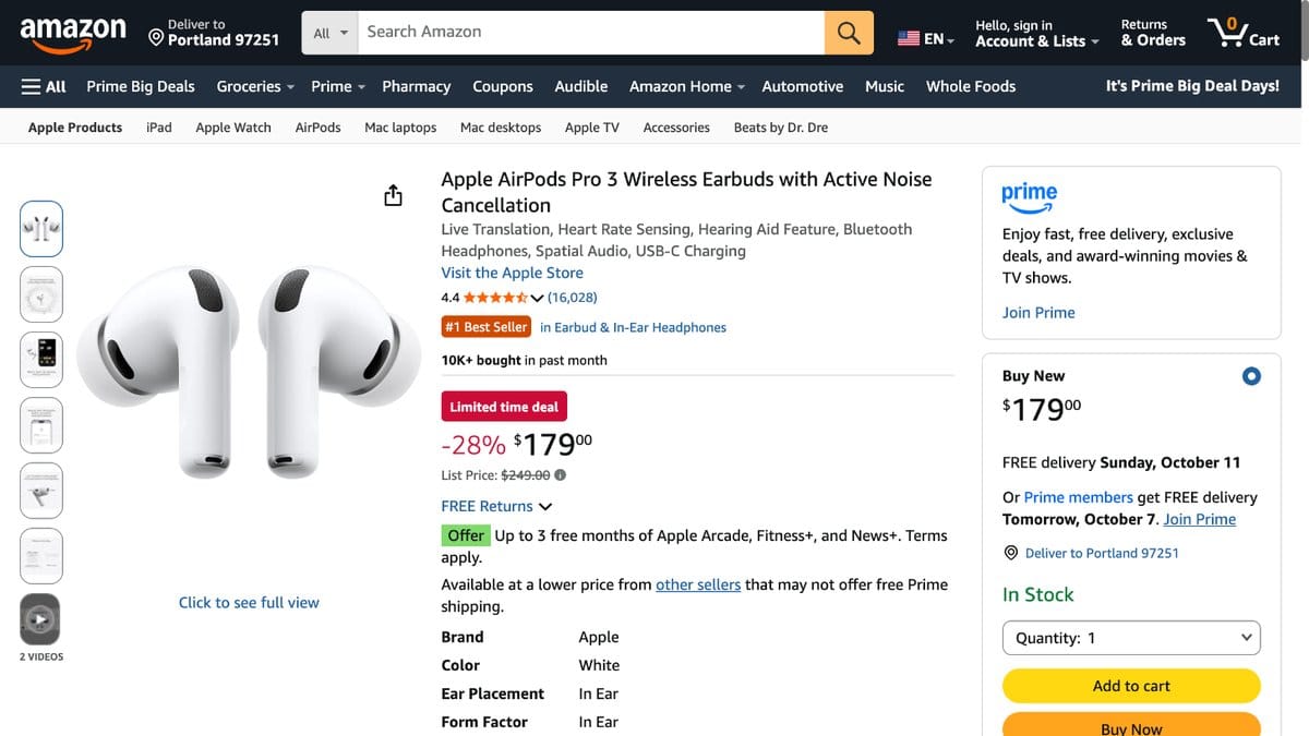 AirPods Pro 3 MFHP4LL/A 的美國 Amazon 商品頁面
