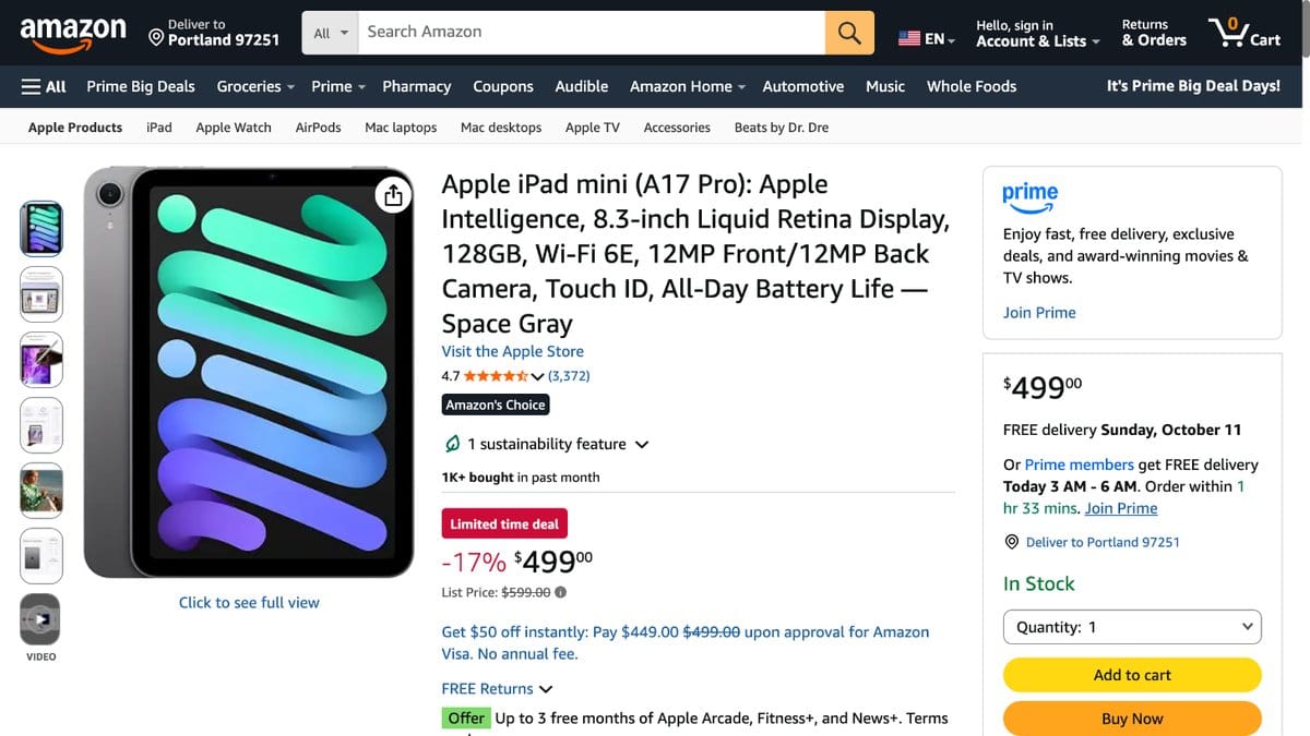 iPad mini A17 Pro 128GB Wi-Fi 太空灰色 MXN63LL/A 的美國 Amazon 商品頁面