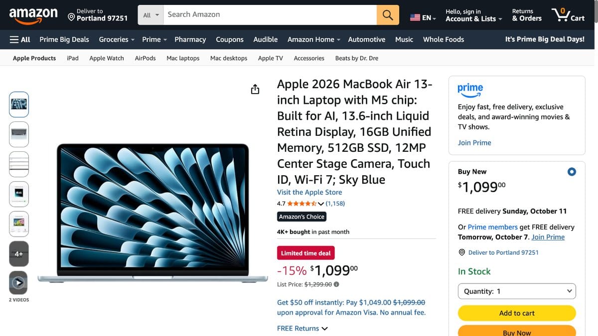 MacBook Air 13吋 M5 16GB 512GB 天藍色 MDHH4LL/A 的美國 Amazon 商品頁面