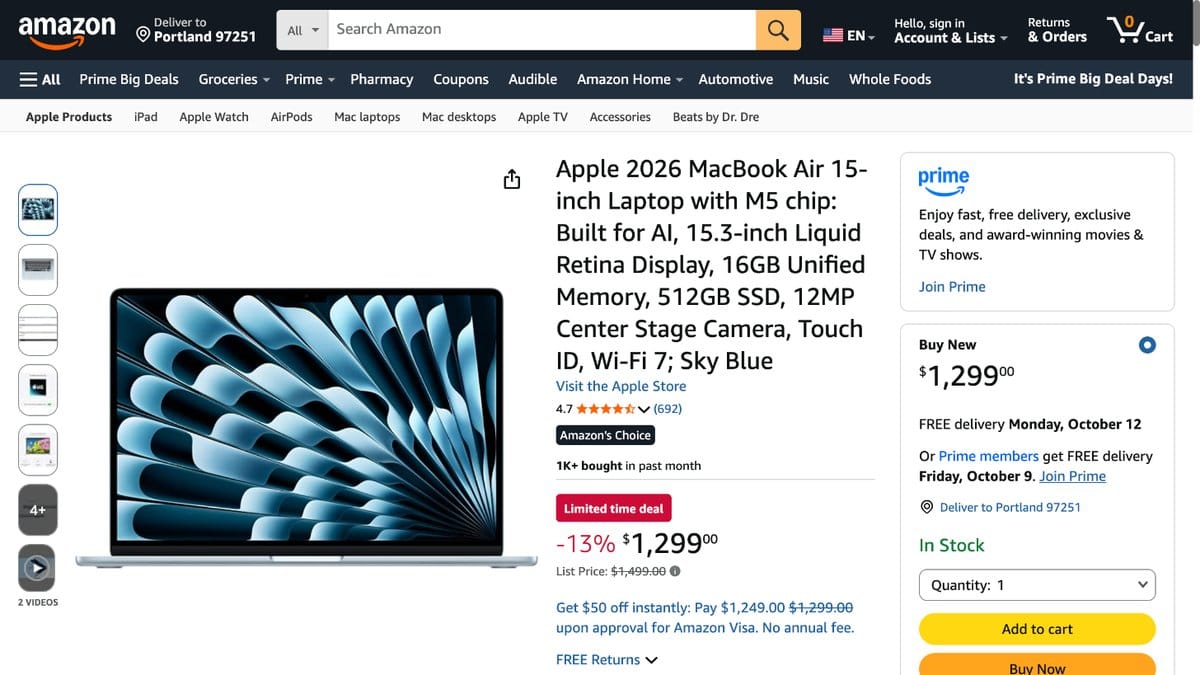 MacBook Air 15吋 M5 16GB 512GB 天藍色 MDVQ4LL/A 的美國 Amazon 商品頁面