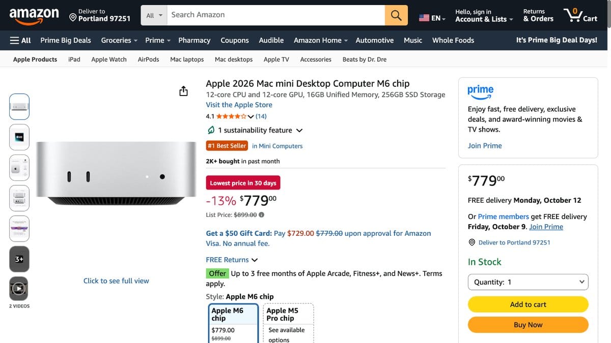 Mac mini M6 16GB 256GB MHQK4LL/A 的美國 Amazon 商品頁面
