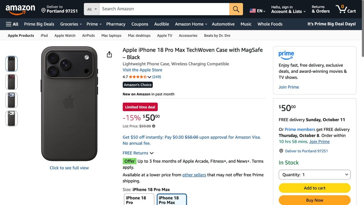 iPhone 18 Pro Max 科技織紋保護殼 黑色 MKDT4ZM/A 的美國 Amazon 商品頁面