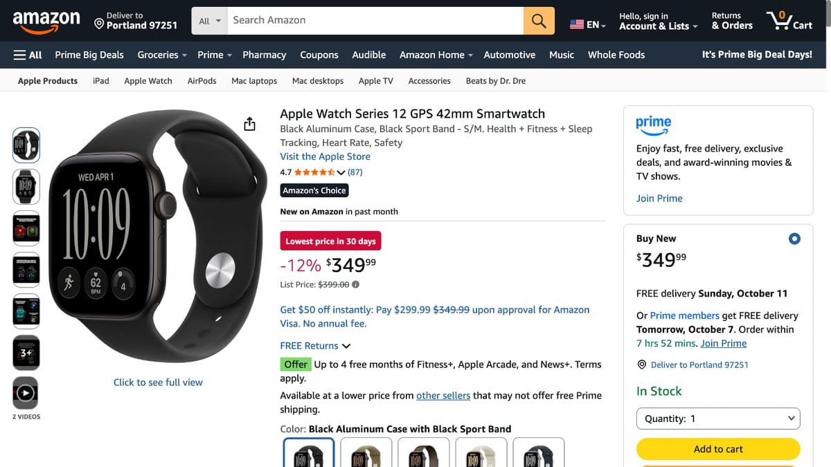 Apple Watch Series 12 GPS 42mm 黑色鋁金屬 MJEA4LS/A 的美國 Amazon 商品頁面