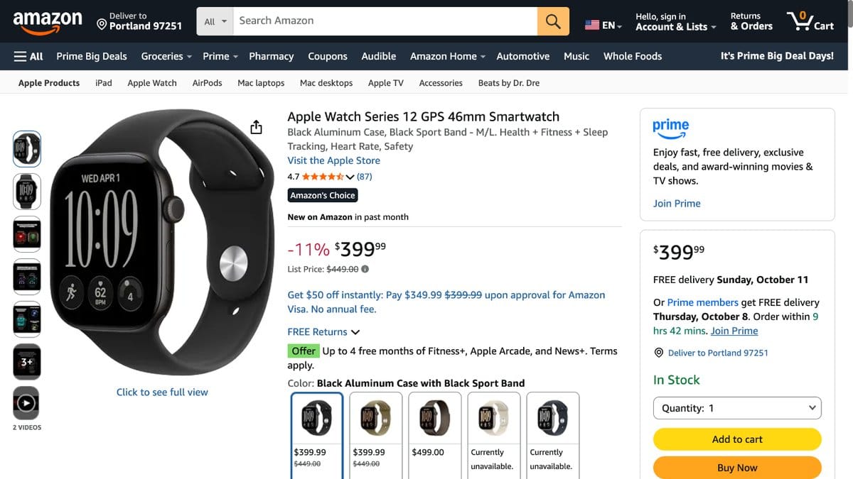 Apple Watch Series 12 GPS 46mm 黑色鋁金屬 MJEL4LS/A 的美國 Amazon 商品頁面