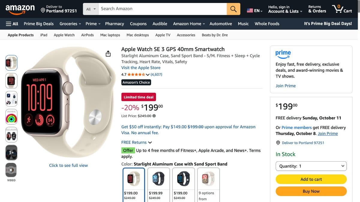 Apple Watch SE 3 GPS 40mm 星光色 MJKR4LW/A 的美國 Amazon 商品頁面