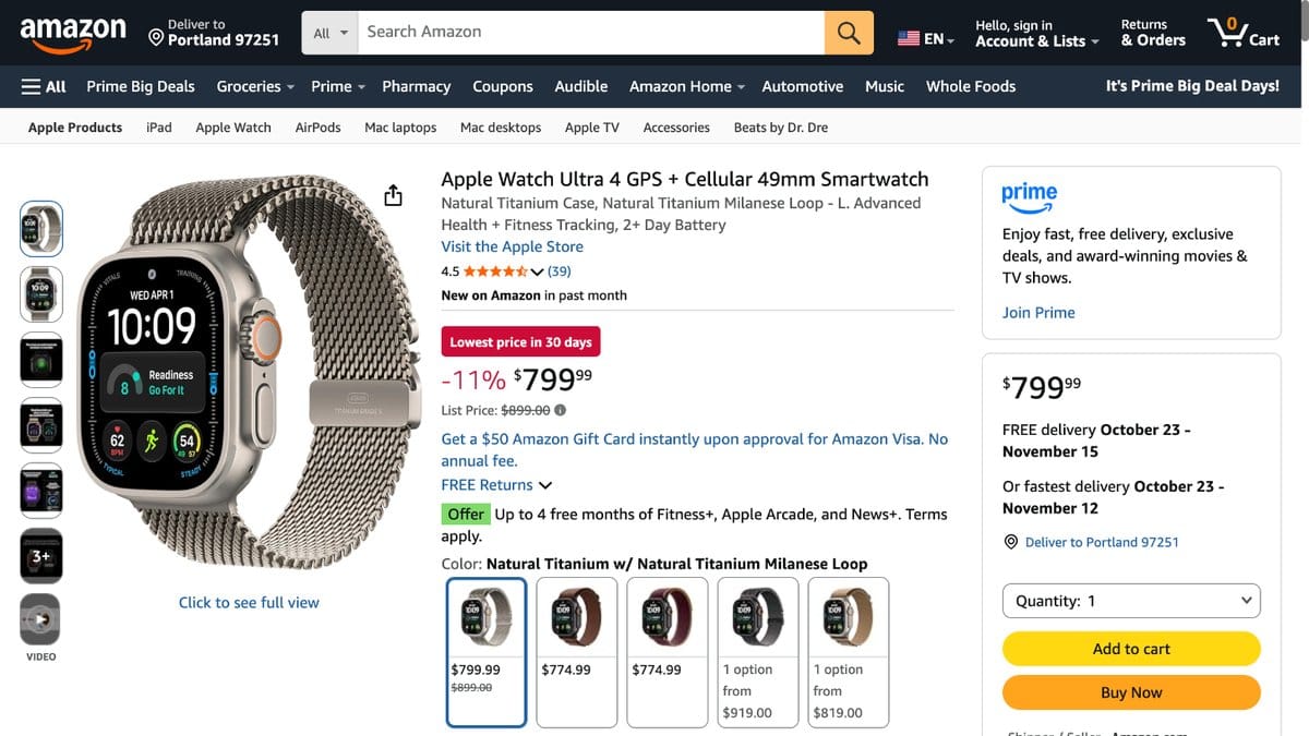 Apple Watch Ultra 4 GPS+行動網路 49mm 原色鈦金屬 MJAA4LS/A 的美國 Amazon 商品頁面
